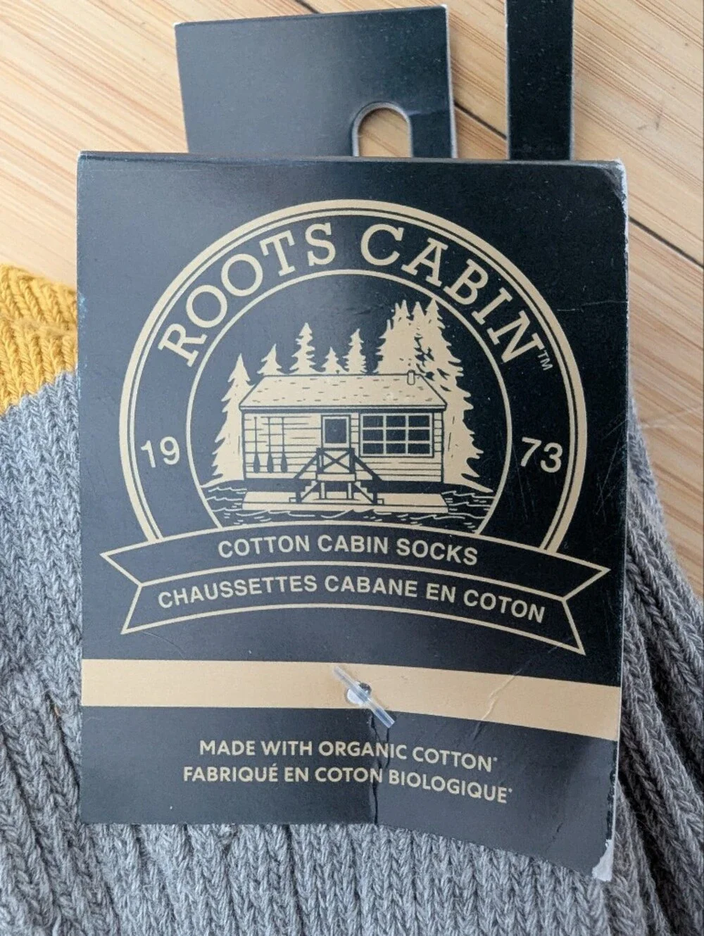 Roots Cabin Men's Grey Crew Socks with Yellow Accents